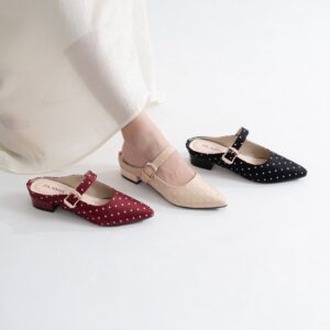 ZASAFIA - Sepatu Mule Heels Wanita Pointed Toe Polkadot Tali Gesper